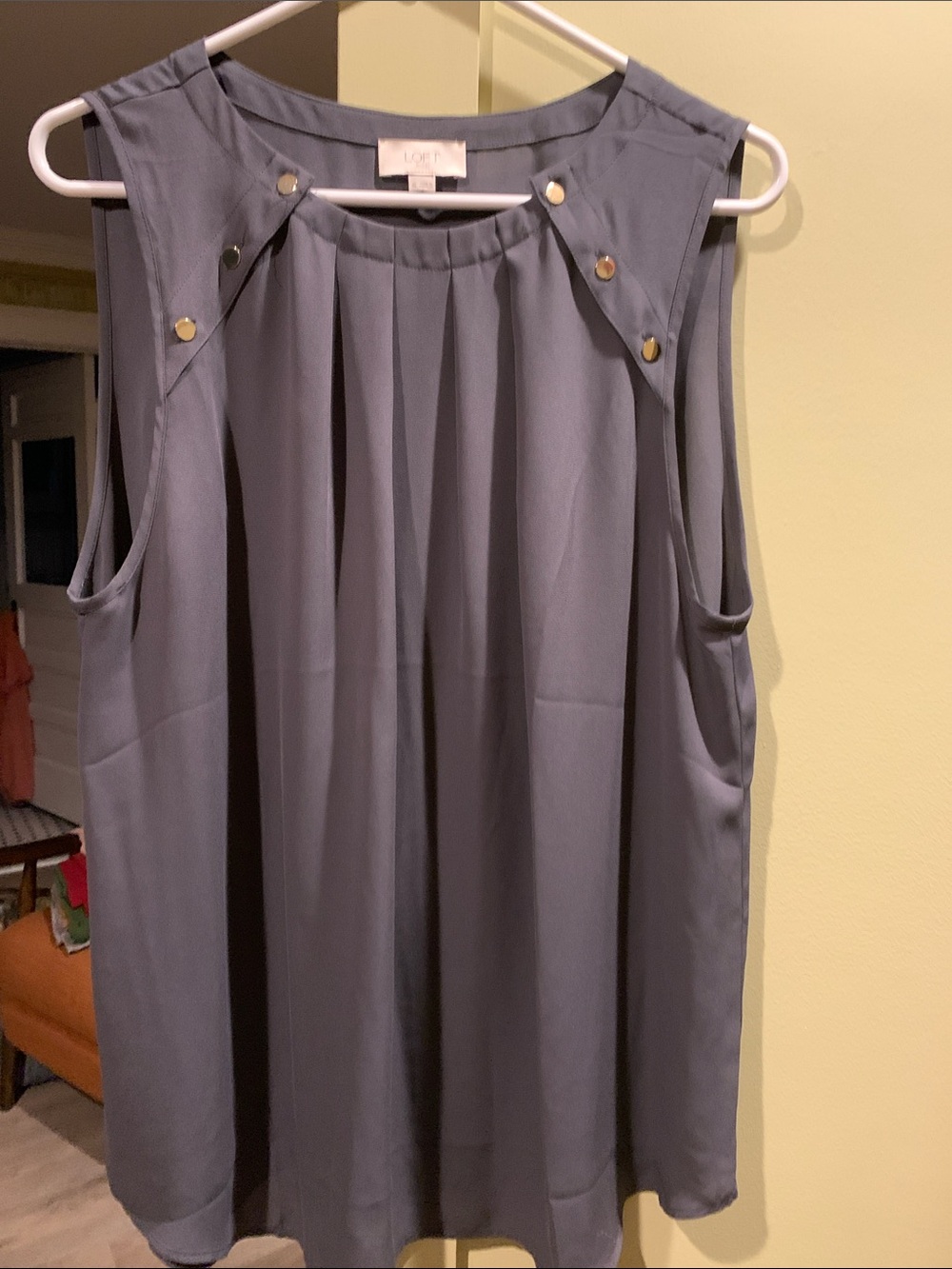 LOFT Gray Sleeveless Pleated Shell with Gold Buttons